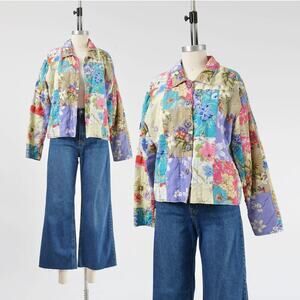 Vintage 90s Quilted Floral Jacket Boho Cottagecore Button Down Jacket size M